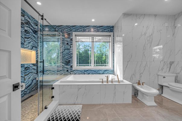 Bathroom, Glass Shower, Interior, Marble Walls, Recessed Lighting