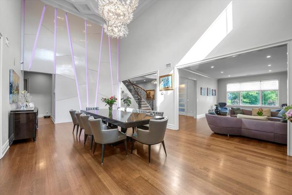 Chandelier, Dining room, Interior, Living room, Recessed Lighting, Wood Texture Flooring