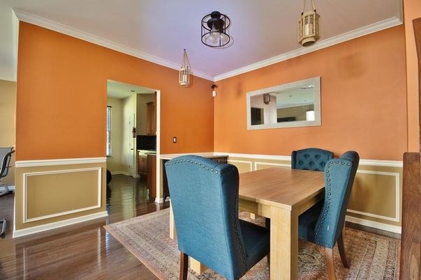 Dining room, Interior, Pendant Lights, Wood Texture Flooring