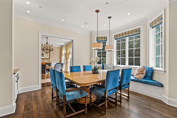 Chandelier, Dining room, Interior, Pendant Lights, Recessed Lighting, Wood Texture Flooring