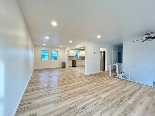 Empty room, Interior, Kitchen, Recessed Lighting, Wood Texture Flooring