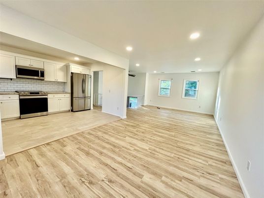 Empty room, Interior, Kitchen, Recessed Lighting, Wood Texture Flooring