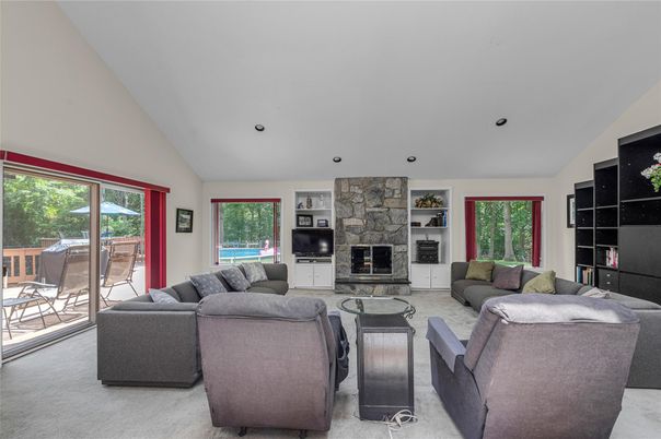 Fireplace, Interior, Living room, Recessed Lighting, Stone Walls
