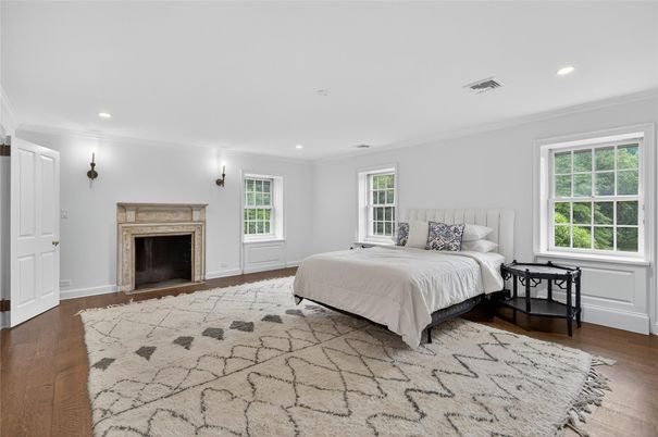 Bedroom, Fireplace, Interior, Recessed Lighting, Wood Texture Flooring