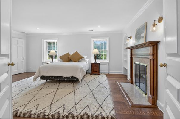 Bedroom, Fireplace, Interior, Recessed Lighting, Wood Texture Flooring