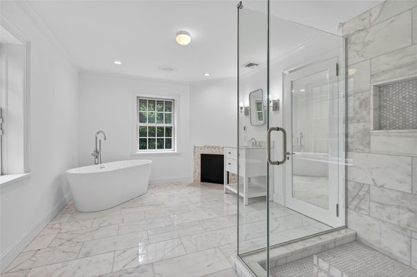 Bathroom, Fireplace, Free Standing Baths, Glass Shower, Interior, Marble, Marble Walls, Recessed Lighting