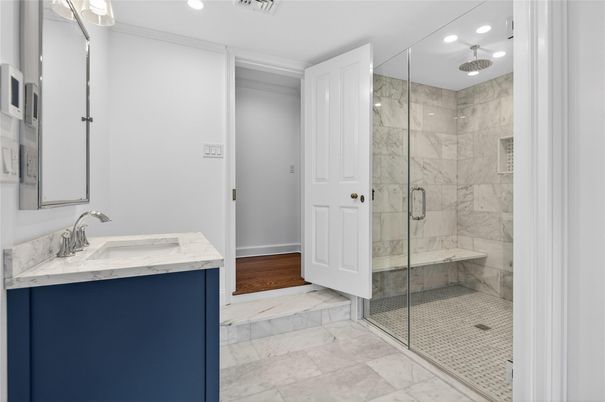 Bathroom, Glass Shower, Interior, Marble, Marble Walls, Recessed Lighting