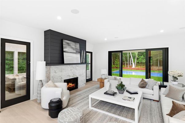 Fireplace, Interior, Living room, Recessed Lighting, Wood Texture Flooring