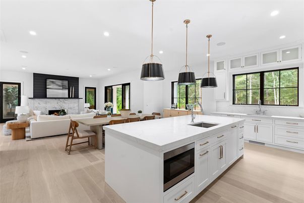 Dining room, Fireplace, Interior, Kitchen, Living room, Pendant Lights, Recessed Lighting, Wood Texture Flooring
