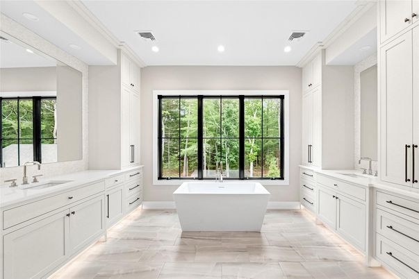 Bathroom, Dual Sink Vanities, Free Standing Baths, Interior, Marble, Recessed Lighting