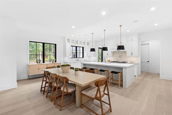 Dining room, Interior, Kitchen, Pendant Lights, Recessed Lighting, Wood Texture Flooring