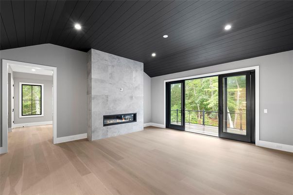 Empty room, Fireplace, Interior, Recessed Lighting, Wood Texture Flooring