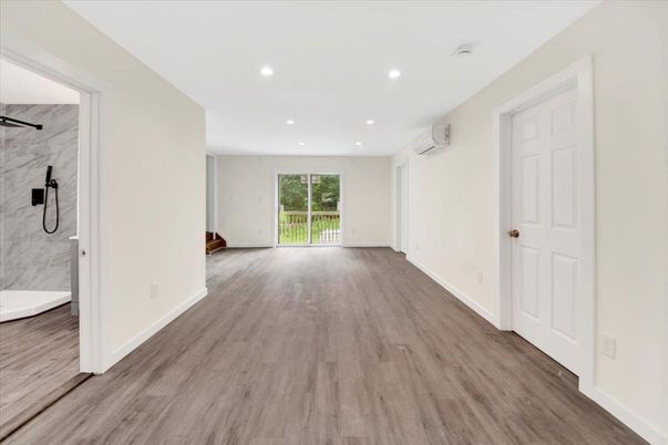 Empty room, Interior, Marble Walls, Recessed Lighting, Wood Texture Flooring