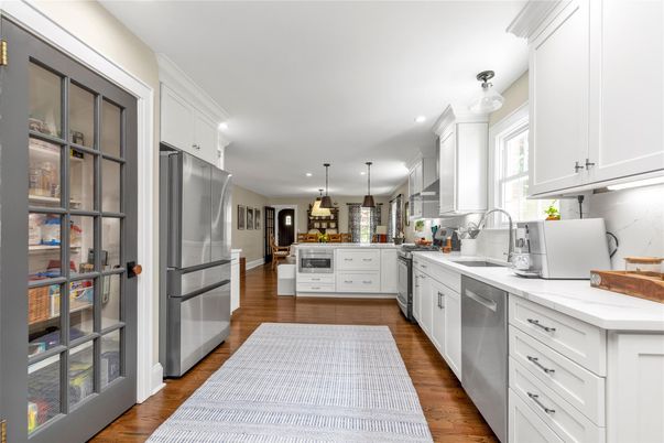 Interior, Kitchen, Pendant Lights, Recessed Lighting, Stainless Steel Appliances, Wood Texture Flooring