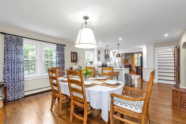 Dining room, Interior, Kitchen, Pendant Lights, Recessed Lighting, Wood Texture Flooring