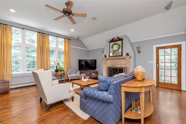 Fireplace, Interior, Living room, Recessed Lighting, Wood Texture Flooring