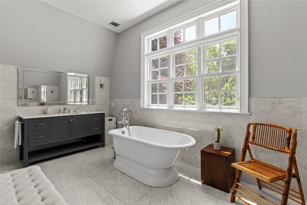 Bathroom, Dual Sink Vanities, Free Standing Baths, Interior, Marble, Marble Walls