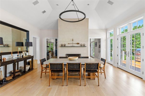 Dining room, Interior, Pendant Lights, Recessed Lighting, Wood Texture Flooring