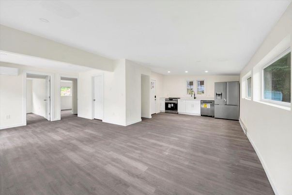Empty room, Interior, Kitchen, Recessed Lighting, Wood Texture Flooring