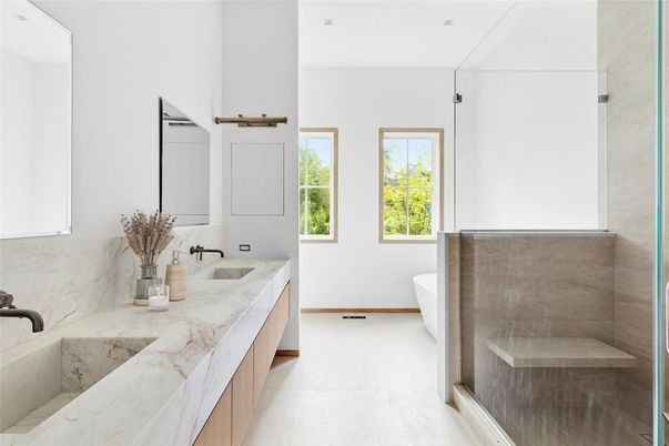 Bathroom, Dual Sink Vanities, Free Standing Baths, Glass Shower, Interior, Marble