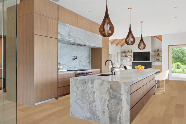 Interior, Kitchen, Marble Walls, Pendant Lights, Recessed Lighting, Stainless Steel Appliances, Wood Texture Flooring
