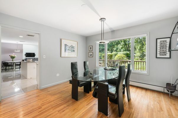 Dining room, Interior, Pendant Lights, Recessed Lighting, Wood Texture Flooring