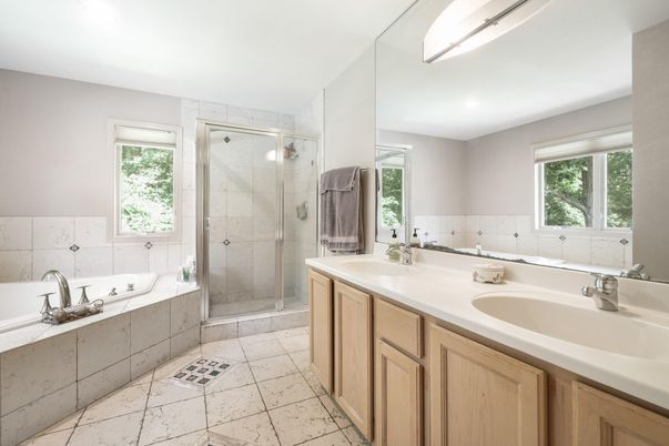Bathroom, Dual Sink Vanities, Glass Shower, Interior, Recessed Lighting