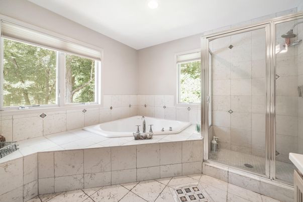 Bathroom, Glass Shower, Interior, Marble Walls, Recessed Lighting