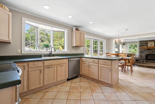 Dining room, Fireplace, Interior, Kitchen, Pendant Lights, Recessed Lighting, Stone Walls