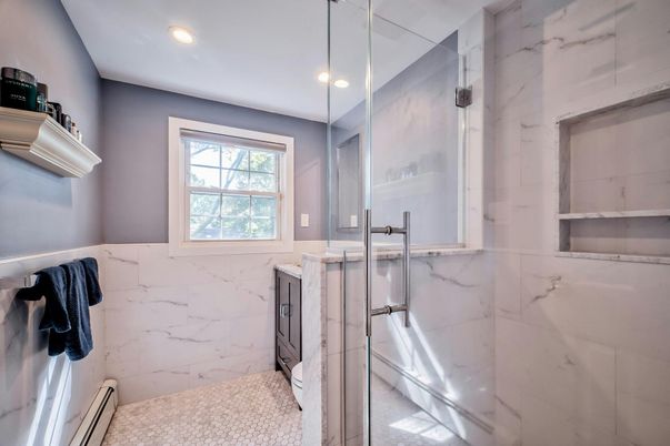 Bathroom, Glass Shower, Interior, Marble Walls, Recessed Lighting
