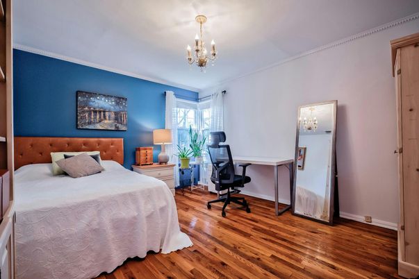 Bedroom, Chandelier, Home Office, Interior, Wood Texture Flooring