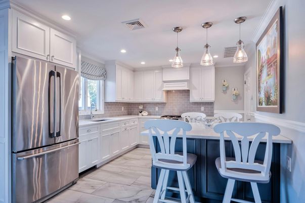 Interior, Kitchen, Marble, Pendant Lights, Recessed Lighting, Stainless Steel Appliances, Wood Texture Flooring