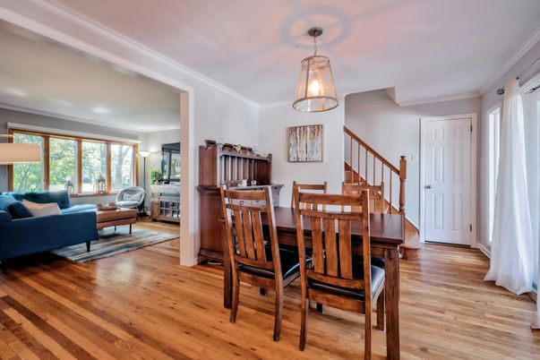 Dining room, Interior, Living room, Pendant Lights, Wood Texture Flooring