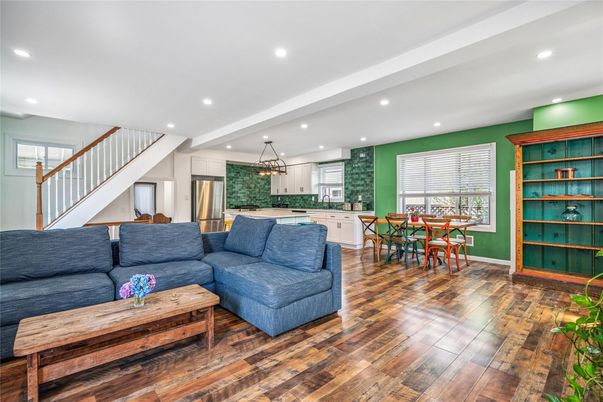 Dining room, Interior, Kitchen, Living room, Pendant Lights, Recessed Lighting, Stainless Steel Appliances, Wood Texture Flooring