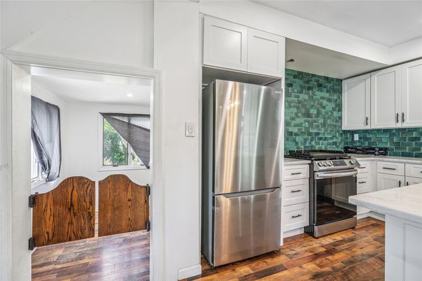 Interior, Kitchen, Recessed Lighting, Stainless Steel Appliances, Wood Texture Flooring