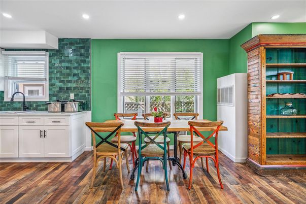 Dining room, Interior, Recessed Lighting, Wood Texture Flooring
