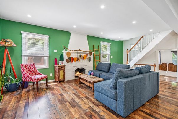 Fireplace, Interior, Living room, Recessed Lighting, Wood Texture Flooring