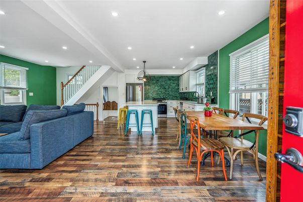 Dining room, Interior, Kitchen, Living room, Pendant Lights, Recessed Lighting, Wood Texture Flooring