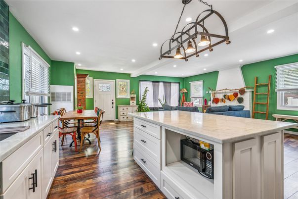 Dining room, Interior, Kitchen, Recessed Lighting, Stainless Steel Appliances, Wood Texture Flooring