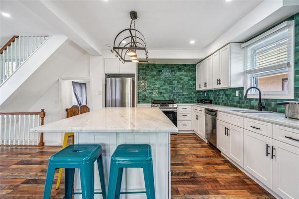 Interior, Kitchen, Recessed Lighting, Stainless Steel Appliances, Wood Texture Flooring
