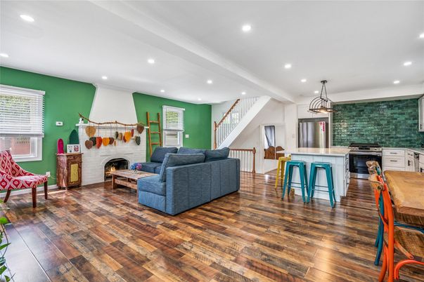 Fireplace, Interior, Kitchen, Living room, Pendant Lights, Recessed Lighting, Wood Texture Flooring