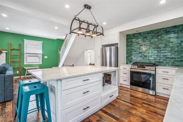 Interior, Kitchen, Pendant Lights, Recessed Lighting, Stainless Steel Appliances, Wood Texture Flooring