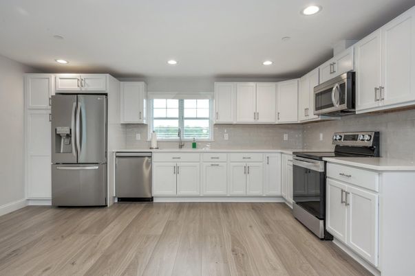 Interior, Kitchen, Recessed Lighting, Stainless Steel Appliances, Wood Texture Flooring