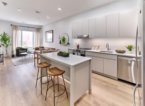 Interior, Kitchen, Living room, Recessed Lighting, Stainless Steel Appliances, Wood Texture Flooring