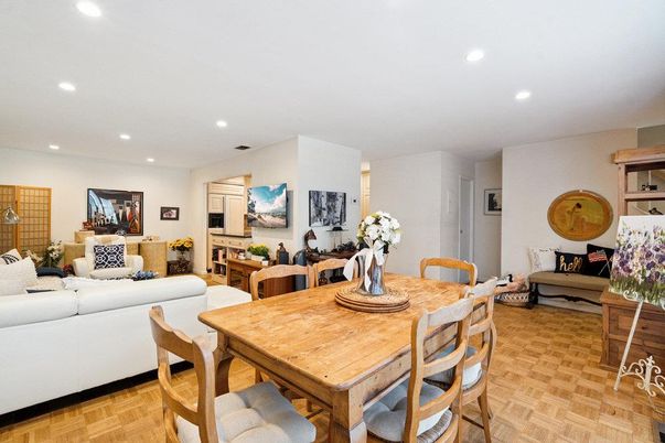 Dining room, Interior, Living room, Recessed Lighting, Wood Texture Flooring