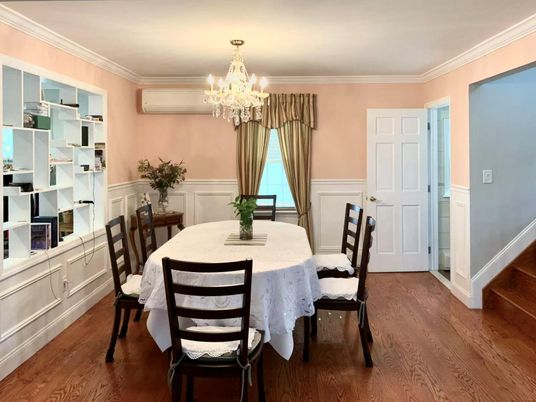 Chandelier, Dining room, Interior, Wood Texture Flooring