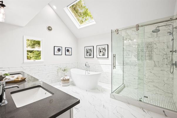 Bathroom, Dual Sink Vanities, Free Standing Baths, Glass Shower, Interior, Marble, Marble Walls, Recessed Lighting