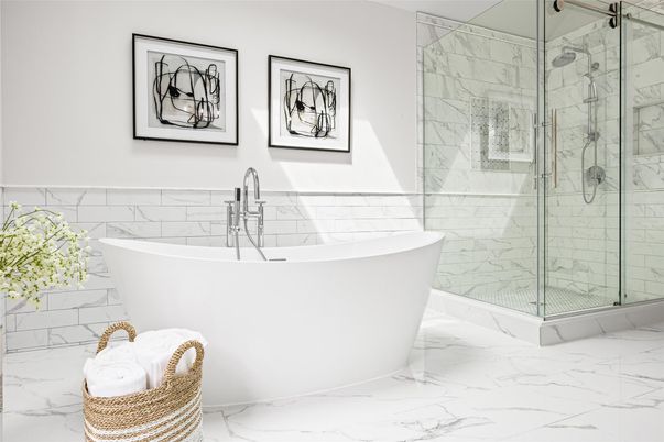 Bathroom, Free Standing Baths, Glass Shower, Interior, Marble, Marble Walls