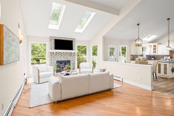 Fireplace, Interior, Kitchen, Living room, Pendant Lights, Wood Texture Flooring