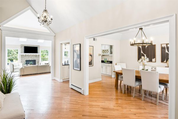 Chandelier, Dining room, Fireplace, Interior, Living room, Wood Texture Flooring